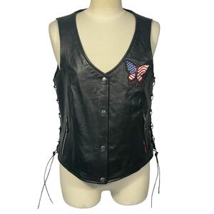 Hot Leathers Black Women’s Unique Biker Patches Lace Up Snap Vest Sz L